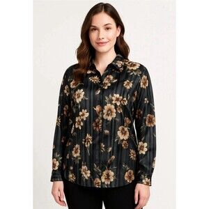 Bonworth Xl Floral Semi Sheer Black Brown Long Sleeve Classic Blouse
